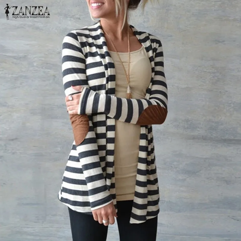 

2019 Autumn Women Sweaters Long Sleeve Striped Printed Cardigan Lady Outerwear Casual Elbow Patchwork Knitted Sweater Plus Size