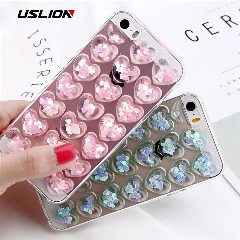 

USLION Phone Case For iPhone 6 7 Cute 3D Love Heart Glitter Bling Soft Back Cover For iPhone 6 6S Plus 7 8 X XR Xs Max Cover