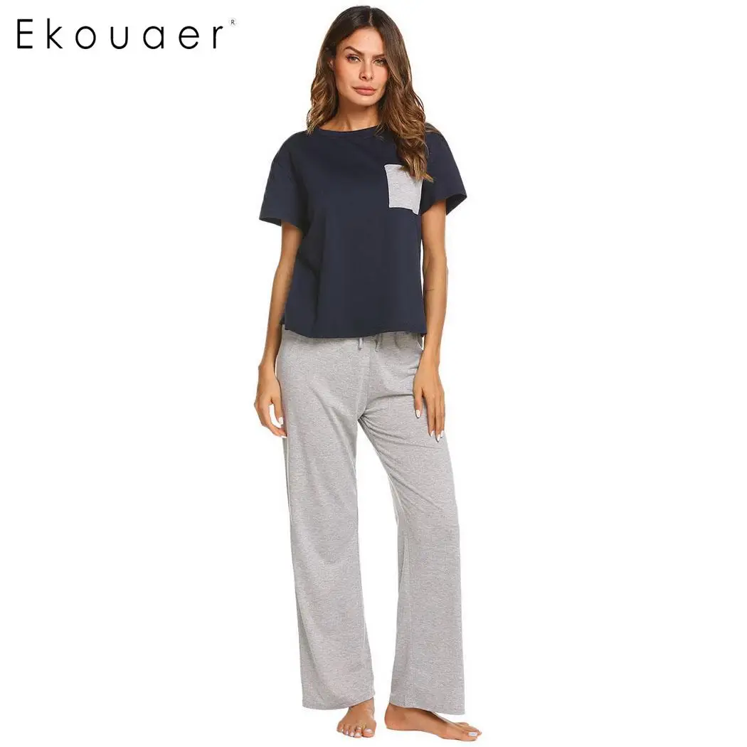 Ekouaer Pajamas Set Women Sleepwear Casual Short Sleeve Tops Long