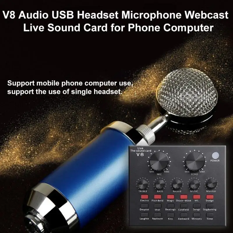 V8 الصوت USB ميكروفون سماعة الرأس البث الشبكي الشخصية الترفيه غاسل عرض حي كارت الصوت للهاتف الكمبيوتر PC