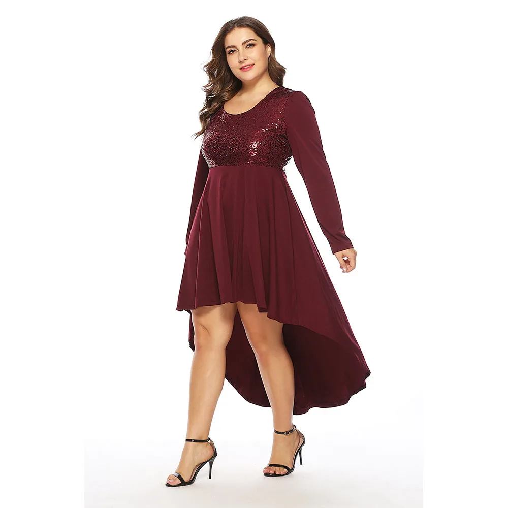 

Wipalo Plus Size Paillette Irregular Long Sleeve Dress Elegant Sequins High Low Hem Party Dress Spring Fall Casual Vestidos 5XL