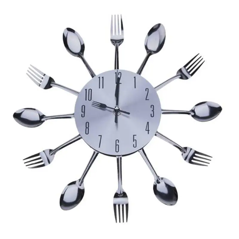 

Modern Sliver Cutlery Kitchen 3d Wall Clock Spoon Fork Creative Mirror Wall Stickers Mechanism New Design clocks Home Decor
