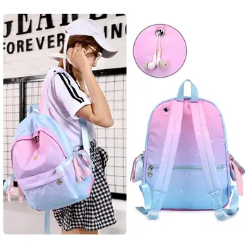 

Cute Planet Moon Nylon Backpack For Women Ladies Rainbow Printed Girls Teenage School Backpack With Earphone Hole Stars