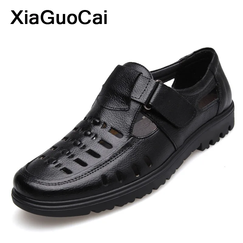 2019 Men Shoes Summer Genuine Leather Man Casual Hook Loop Breathable Middle Aged Footwear Hollow Male Sandals Plus Size huismerk kopen in de aanbieding