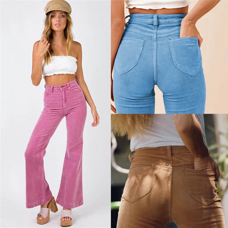 

Ladies Fashion Casual Loose Solid Women Corduroy Trousers High Waist Pants Stretch Bootcut Straight Flared Cotton Autumn Clothes