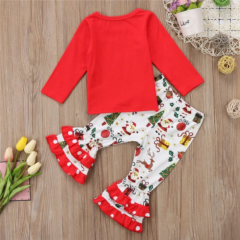 Красивая рождественская Одежда для маленьких девочек красная рубашка с длинными рукавами и буквенным принтом+ длинные расклешенные штаны-пачки Комплект Санта-Клауса, Рождественская модная одежда для малышей