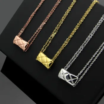 

Hot Sale Cutting Grain Rectangular Double Chains Stainless Steel Necklace