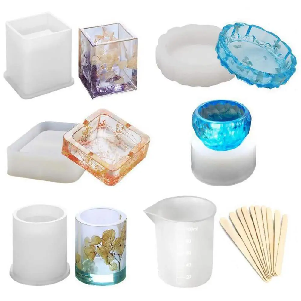 

6PCS/Set Ashtray Crystal Epoxy Gel Silicone Mould Collection Box Concrete Gypsum Abrasive With Rod Environmentally Home Products