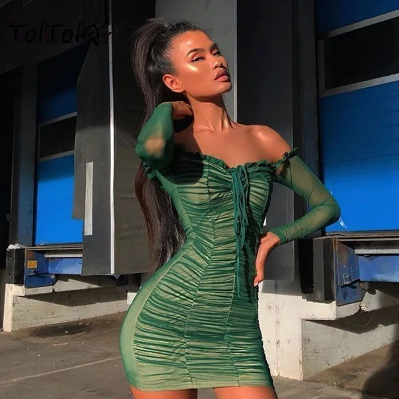 

Off Shoulder Bodycon Dress Women Hot Ins Long Sleeve Women Pleated Dresses Strapless Party Dresses Ladies Outfit