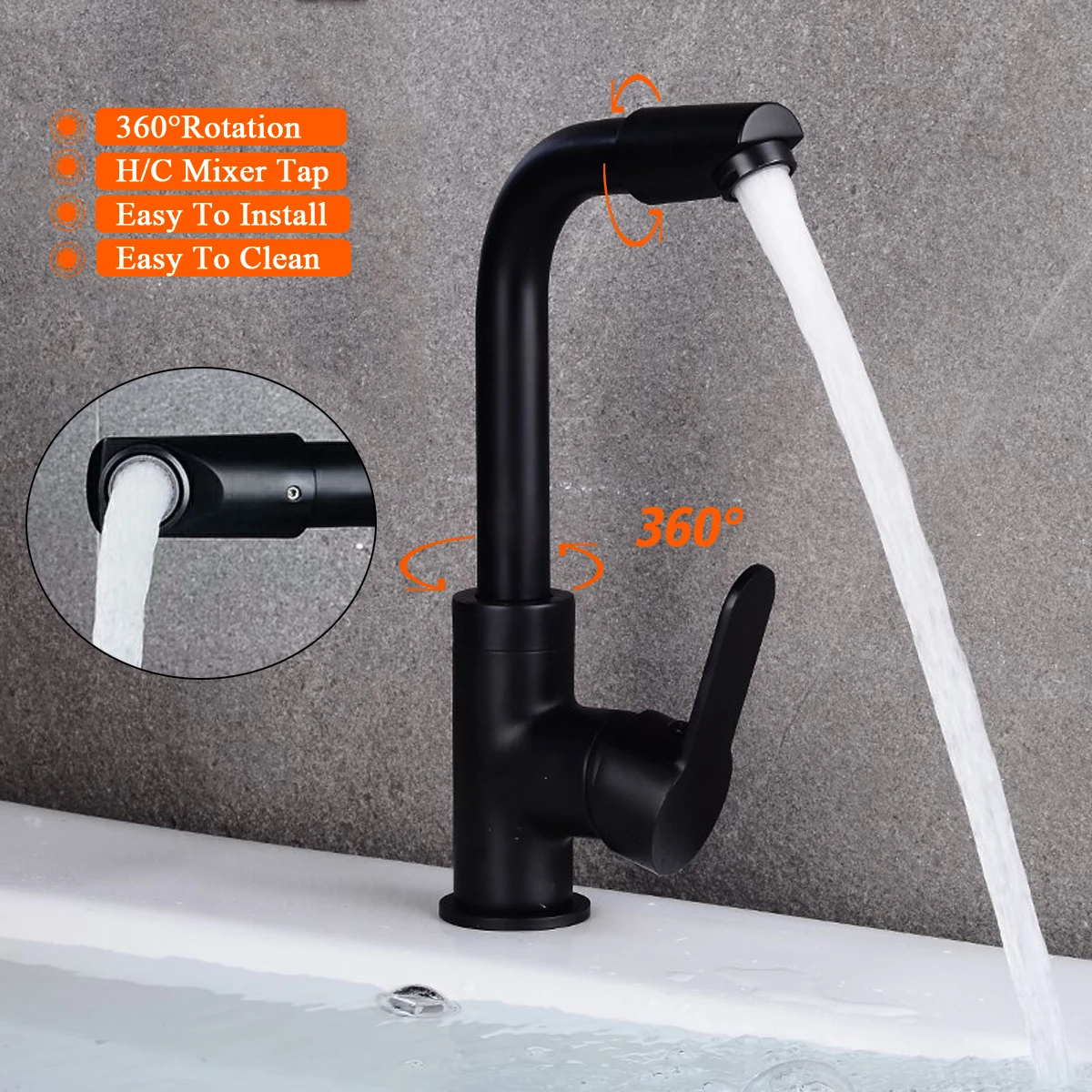 

Black Copper 360Rotation Lacquered Bathroom Sink Faucet Single Handle Kitchen Basin Faucet Spout Hot and Cold Water Mixer Tap