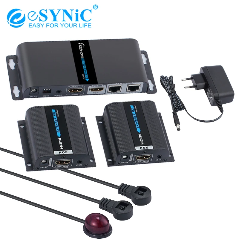 

eSYNiC 1x2 HDMI Extender Splitter 40m HDMI Repeater with 2 Port HDMI Loop Out IR Remote over Single RJ45 Cat6 Cat7 Cables