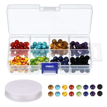 

140 Pieces Chakra Beads and 20 Pieces Volcanic Stone Beads Black Lava Rock Stone with 1 Roll Crystal String for DIY Jewelry Ne