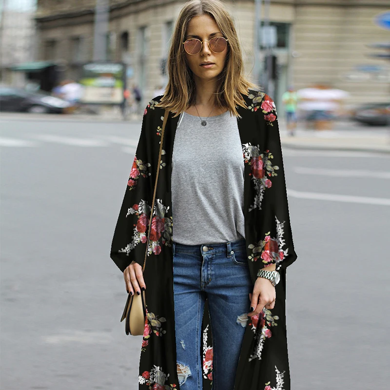 Plus Size 4XL 5XL Women Chiffon Kimono Cardigan Floral Print Asymmetric Boho Loose Casual Outerwear Beachwear Cover Up Blusas