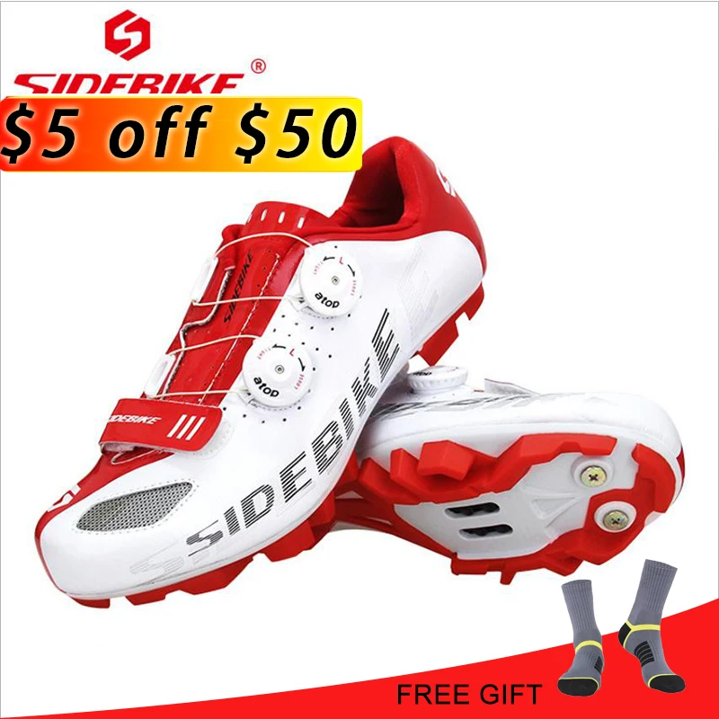 SIDEBIKE MTB Cycling Shoes Men Breathable Mountain Bike Riding Shoes Self-Locking Bicycle Sport Shoes Red White MTB Nylon Shoes
