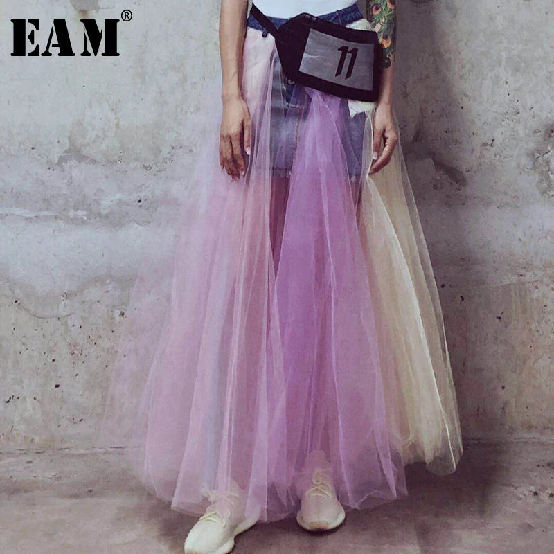 

[EAM] 2019 New Spring Summer High Waist Both Side Wear Colorful Mesh Split Joint Half-body Skirt Women Fashion Tide JR984