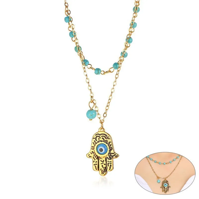 

Vintage Khamsah Charm Choker Necklaces for Women Natural Stones Beads Hamsa Pendant Collar Female Amulet