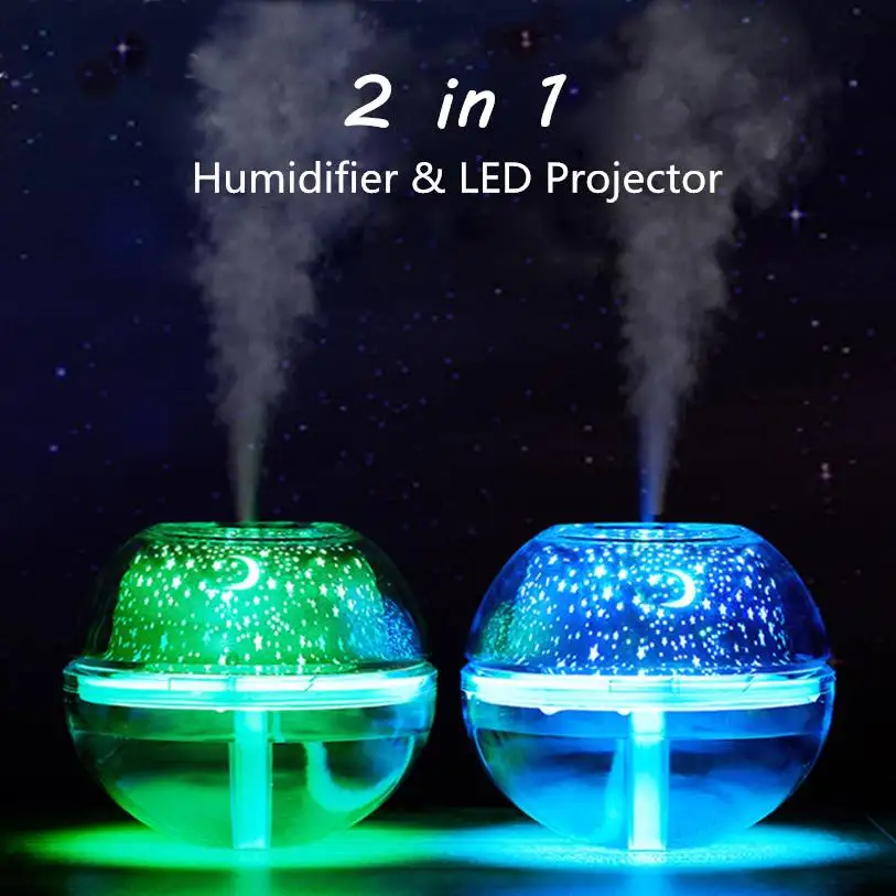 

USB Mist Humidifier Star/Moon Projection LED Night Lamp Light Aromas Diffuser Air Humidifier for Home Office Room Desktop 500ml