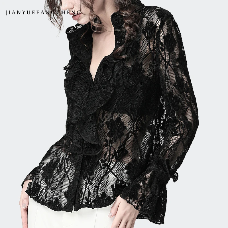 

Women Lace Blouse 2019 Sexy See Through Transparent Long Sleeve Shirt Blouse Black Stand Collar Spring Ladies Summer Tops Ruffle