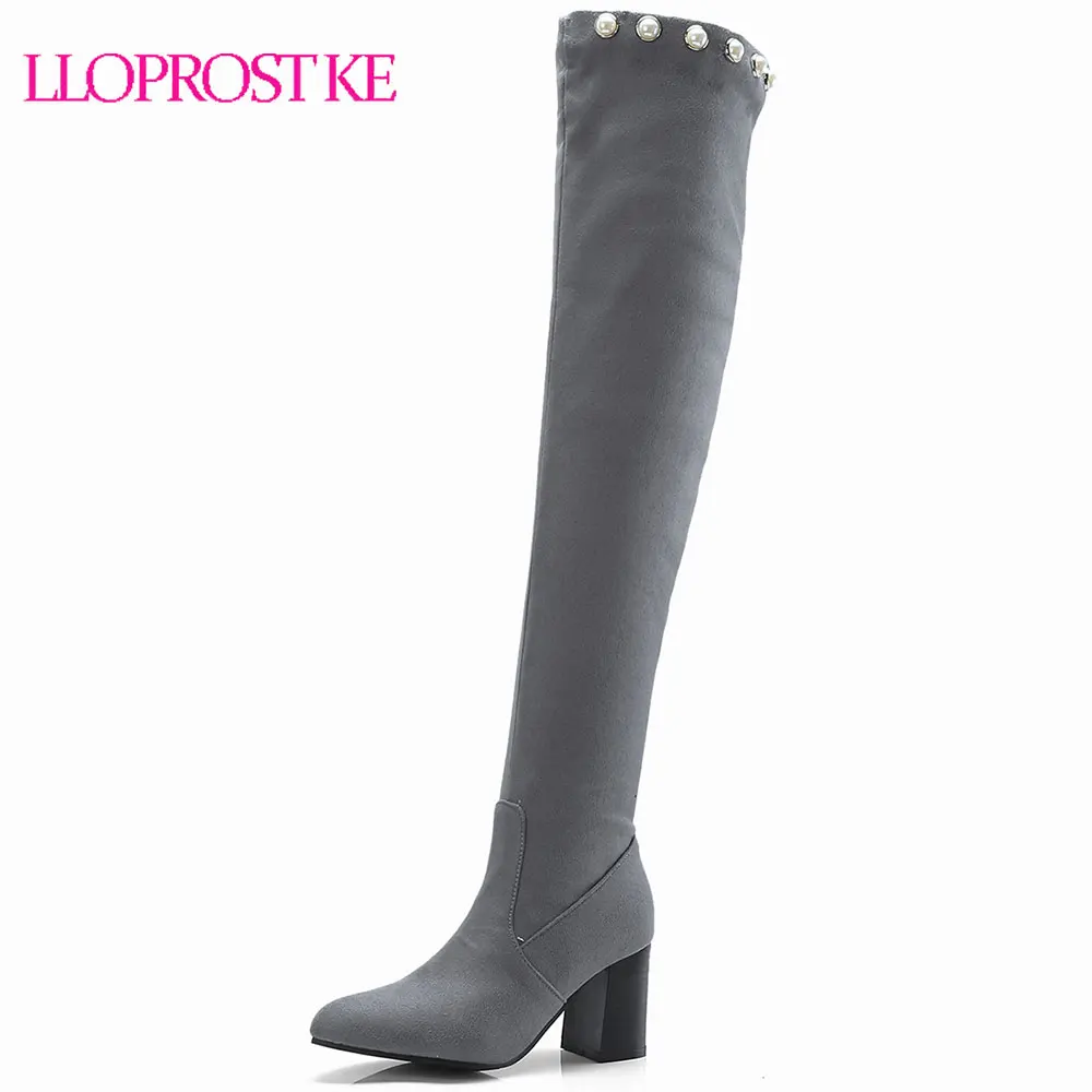 

Lloprost ke Over The Knee High Knight Boots Female Block High Heel Bead Crystal Ladies Shoes Winter Flock Riding Long Botas D622