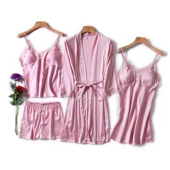 

4 Piece Sexy Pajamas Set Women Faux Silk Lace Sling Sleeveless Shirt Shorts Summer Robe Sleepwear with Chest Pads Pyjama Sets