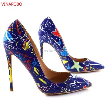 

Vinapobo Graffiti Colorful pointed toe Women Pumps Sexy Stiletto high heel Spring Wedding Party Woman Shoes sapato feminino Blue