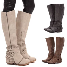 Женская зимняя обувь; сапоги до колена из искусственной кожи; винтажная женская обувь; женские теплые зимние сапоги с круглым носком; большие размеры 35-43