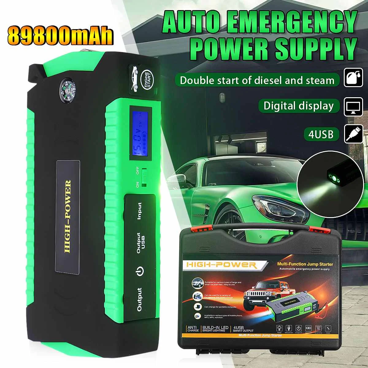 

89800mAh 4USB Car Jump Starter 12V 600A Portable Car Battery Booster Charger Auto Starting Device Petrol Diesel Power Bank