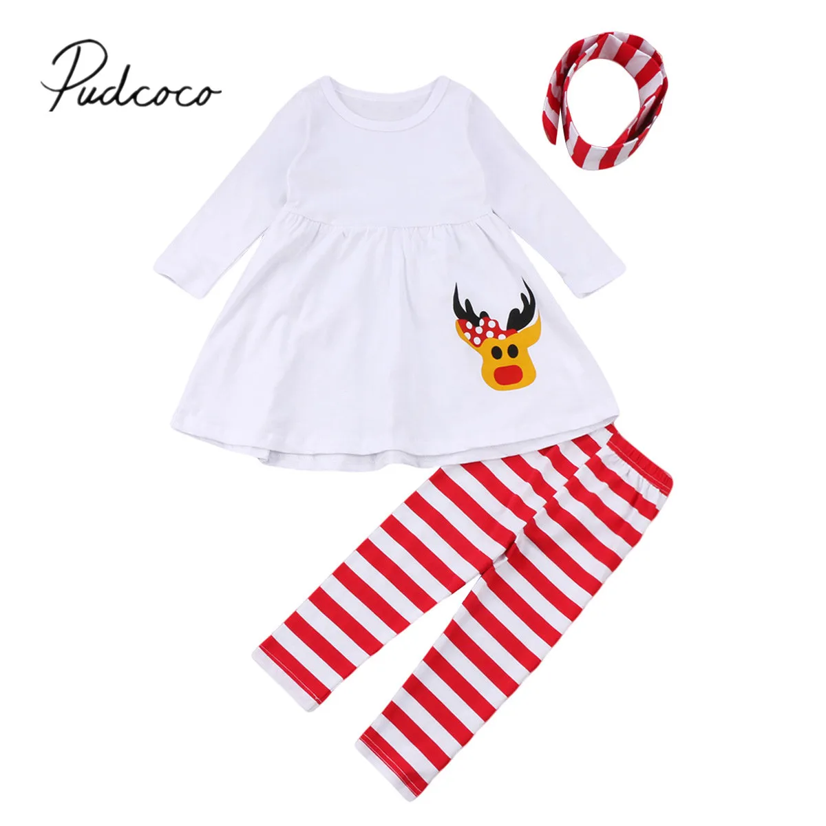 

2018 Brand New Toddler Kids Baby Girls Christmas Outfits Clothes T-shirt Top Deer Dress+Striped Long Pants Xmas Clothes Set 1-6T