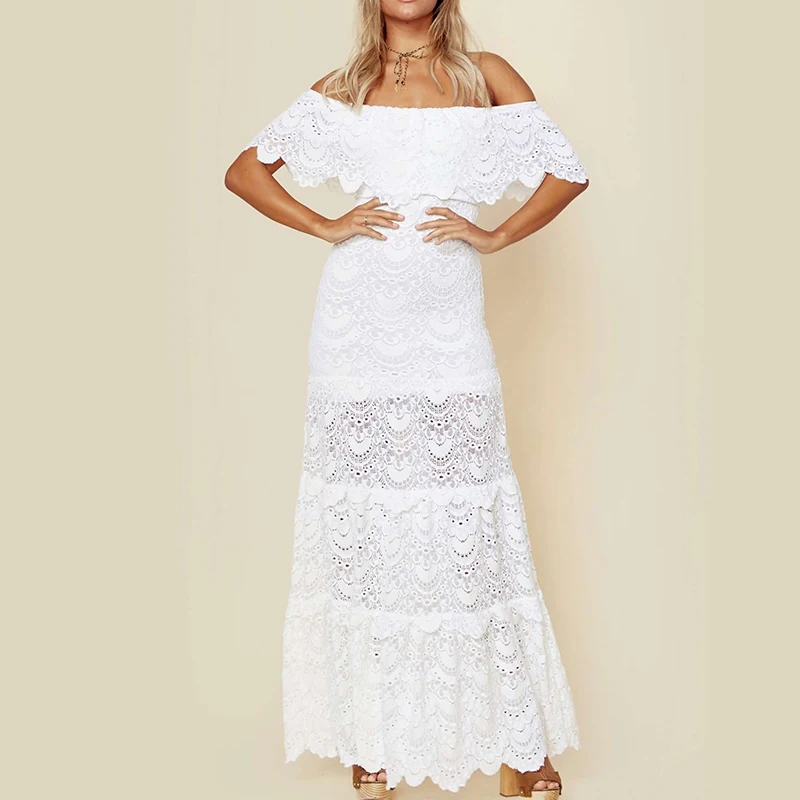

Women Summer Off Shoulder Sundress Lace Sleeve Boho Long Maxi Dress Party Beach