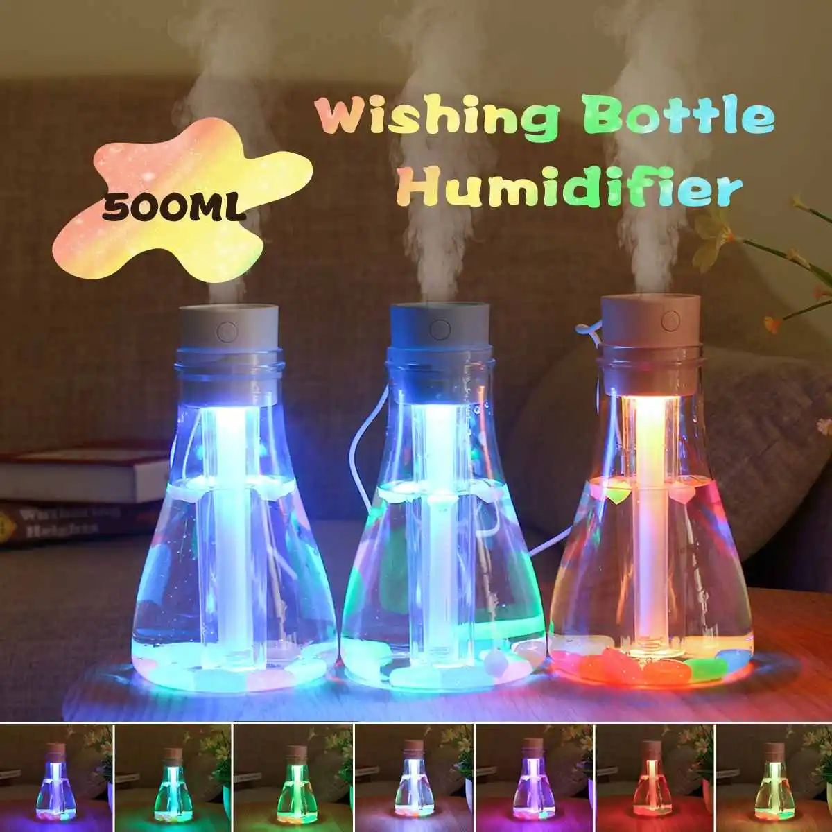 

500ml USB Desktop Air Humidifier Wishing Bottle Purifier Humidifier LED Night Light Lamp for Home Office Car W/Colored Stones