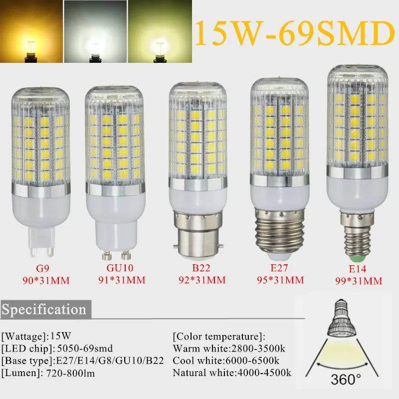 E27 лампа светодио дный 5050 69SMD 6 W кукурузы светодиодная лампа 220 в холодной теплый натуральный белый люстра огни освещения E14 GU10 G9 B22