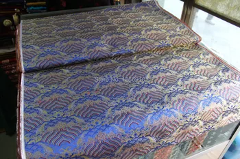 

chinese traditional silk brocade fabric Sapphire blue back with golden&red&white Wave pattern