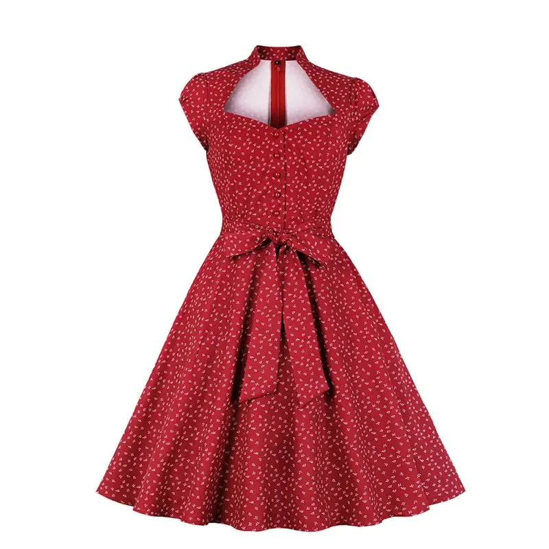 

Summer Sweet Red Elegant Party Retro Swing Rockabilly Women Dresses Office Lady Big Size Floral Print Button Vintage Dress 2XL