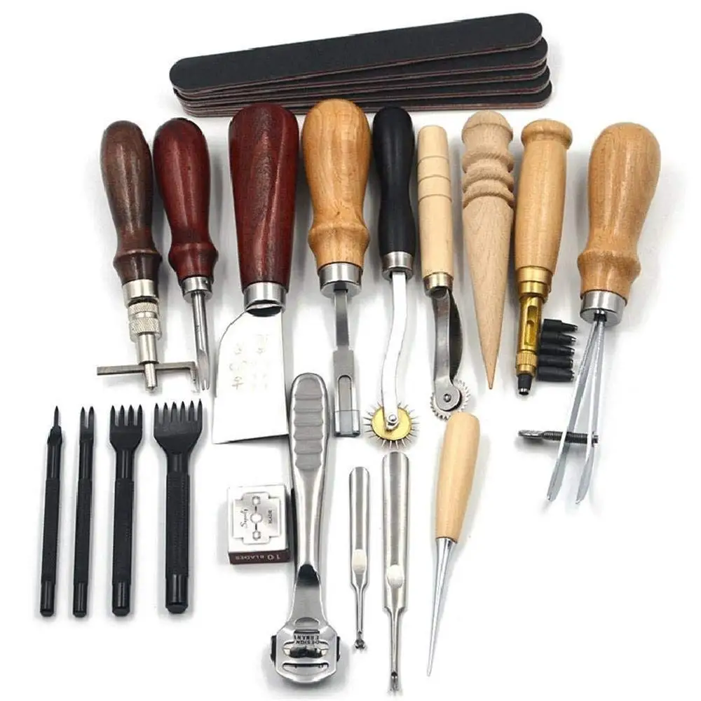 

19 Pieces Hand Leather Craft Punch Tools Set Kit Stitching Carving Working Sewing Saddle Groover For Leather Repair
