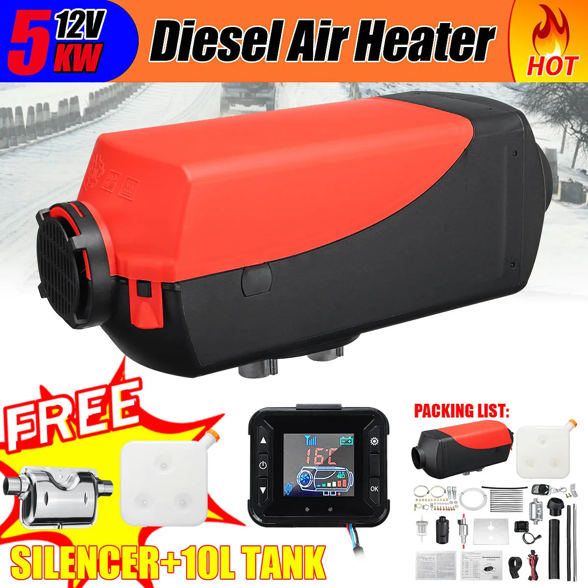 

12V 5KW Air Heater Tank 2x Vent,Duct, Thermostat Motorhome Car Heater With Remote LCD Digital Display for Boat Motorhome