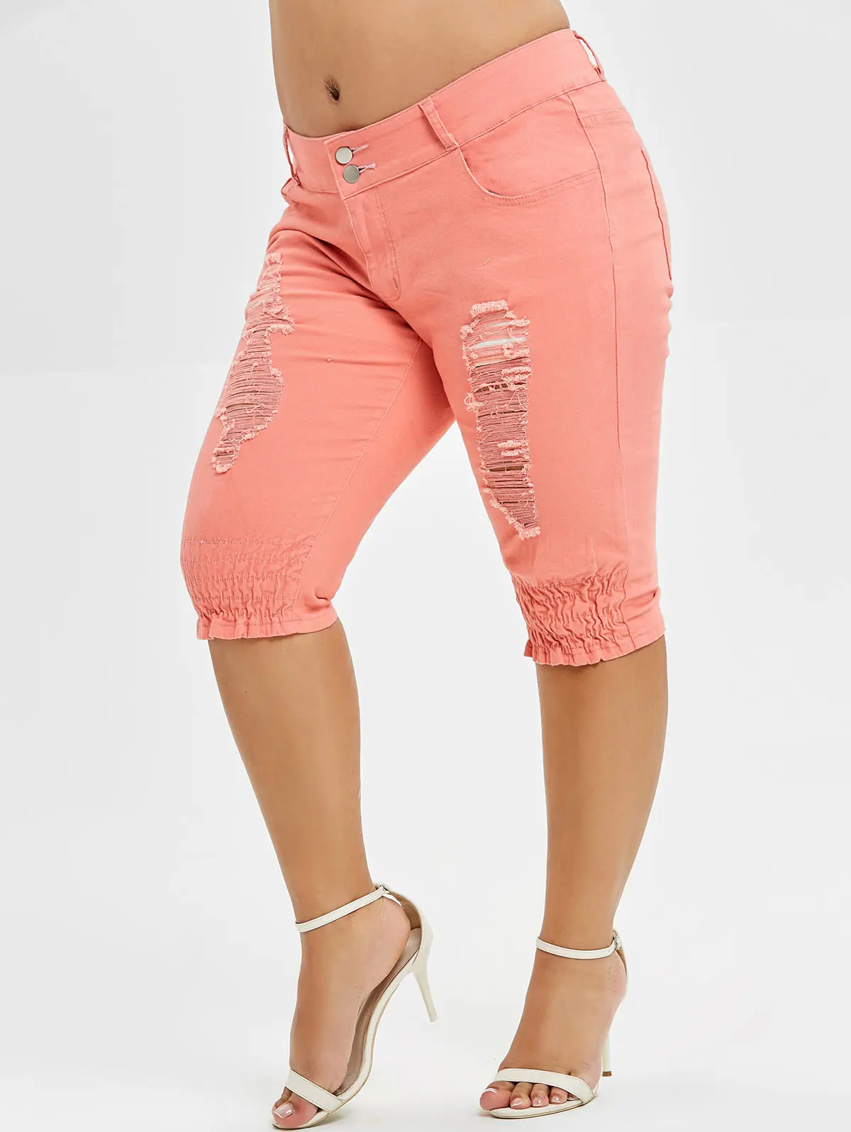 Rosegal Plus Size Distressed Knee Length Jeans Zipper Fly Solid Straight Pant Mid Waist Skinny Jeans Women Summer Bottom 2019