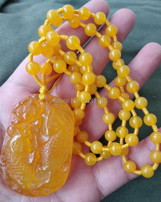 

Wonderful Real Natural Yellow Chalcedony Hand-Carven Fish Theme Lucky Pendant Necklace*Free Gift Box