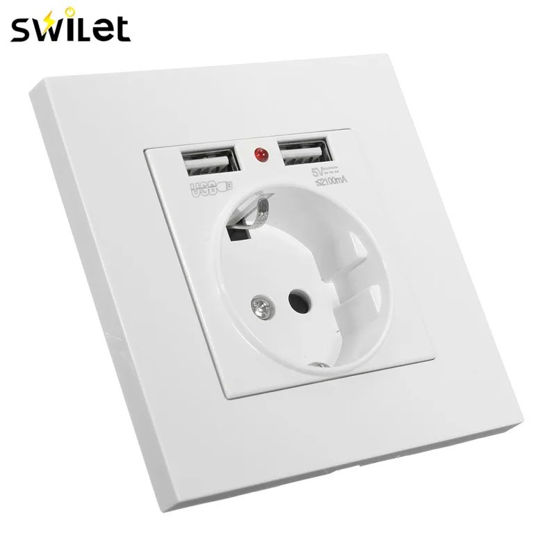 

EU Wall Charger Adapter Swilet EU Standard 2.1A Dual 2 USB Ports Electric Station Socket Adapter Power Outlet