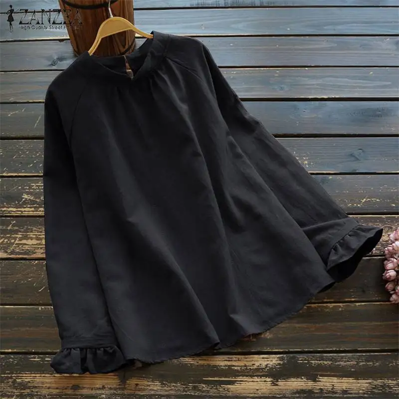 

ZANZEA 2019 Fashion Women Blouse Long Ruffles Sleeve Blouse Ladies Vintage Work Solid Shirt Tops Blusas Chemise Femme Plus Size