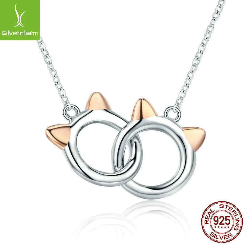 

New Design 100% 925 Sterling Silver Pet Cat Handcuffs Cute Animal Pendant Necklaces For Women Silver Jewelry Gift