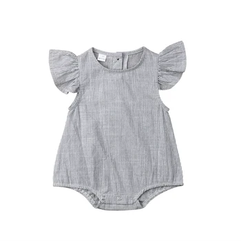 

0-18M Casual Newborn Baby Girl Fly Sleeve Striped Grey Cotton Romper Jumpsuit Playsuit Outfits Baby Girls Clothes