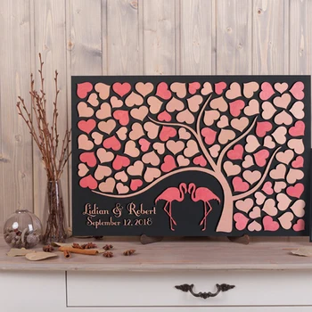 

Flamingos wedding guest book alternative 3D unique guestbook Wood Rustic Sign in book Custom Animal Wedding Tree of hearts