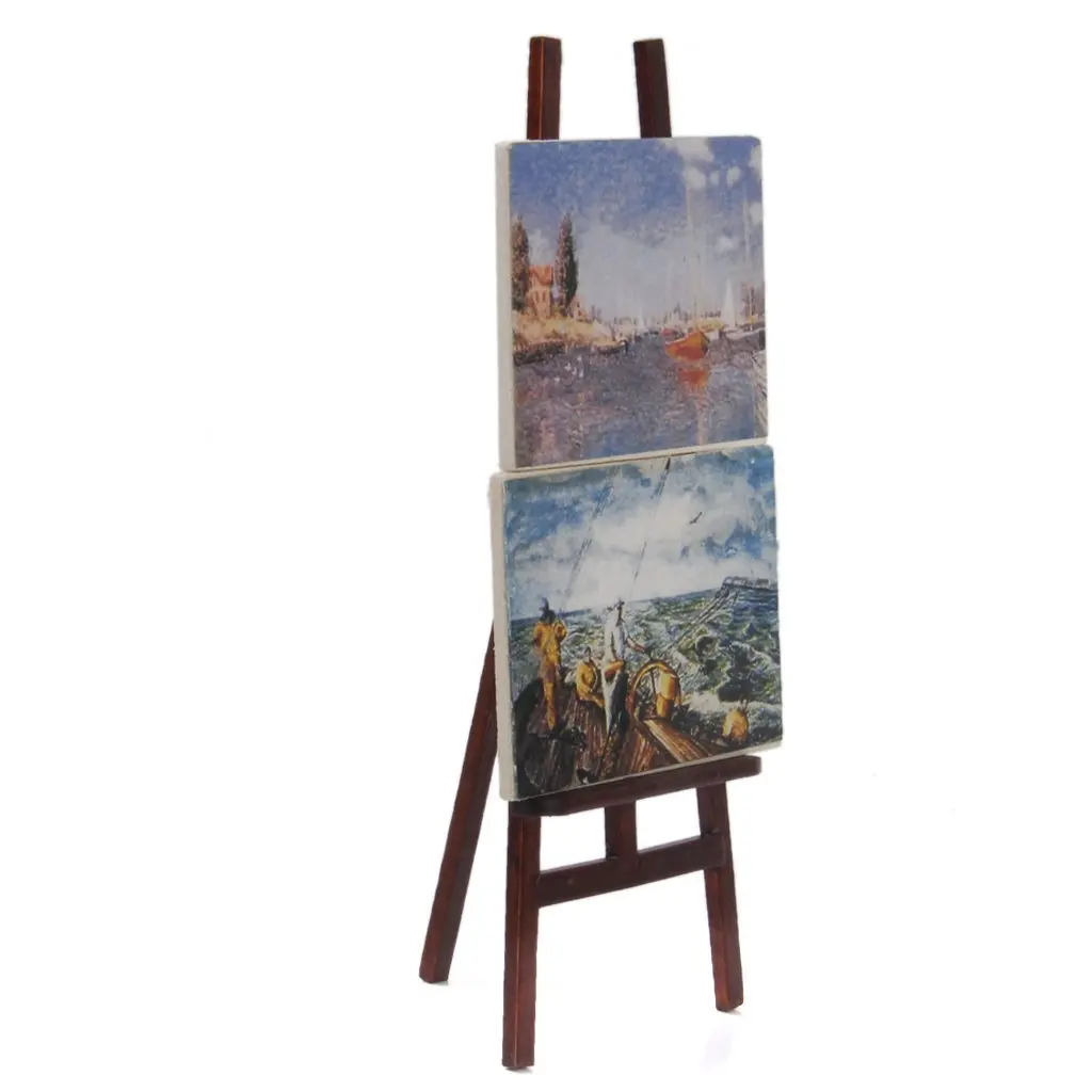 

New-1:12 Doll house Miniature artist easel with 2 paintings pictures