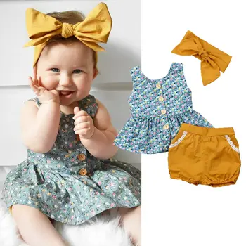 

Toddler Kids Baby Girls Clothes Sets Sleeveless Flowers Print Tops Shorts Headband Outfits 3PCS Set 0-24M