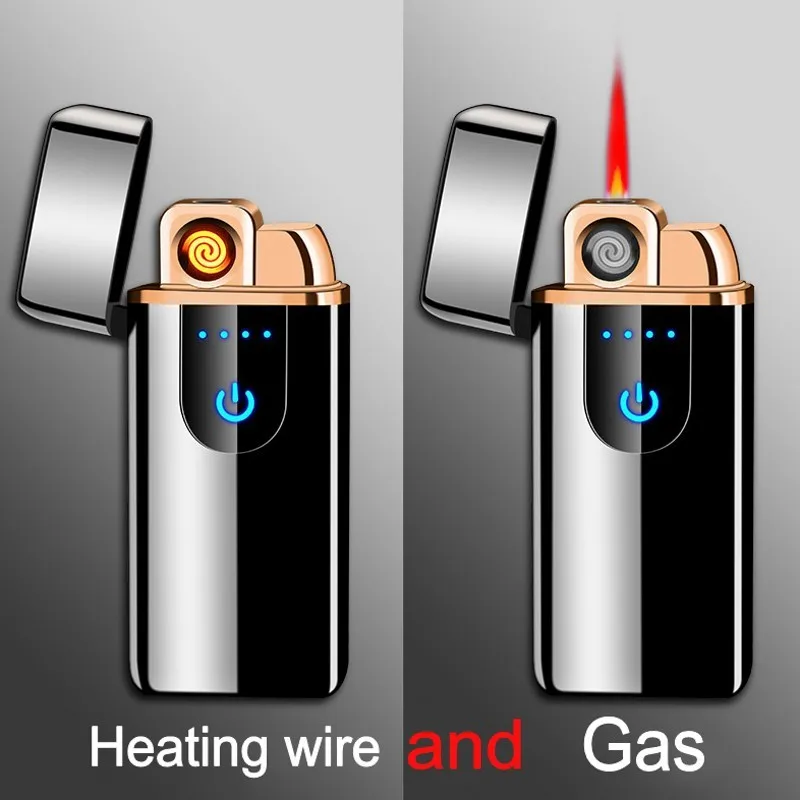 Газовая и электрическая зажигалка с сенсорным экраном, перезаряжаемая USB Зажигалка, ветрозащитная металлическая газовая зажигалка с дисплеем питания