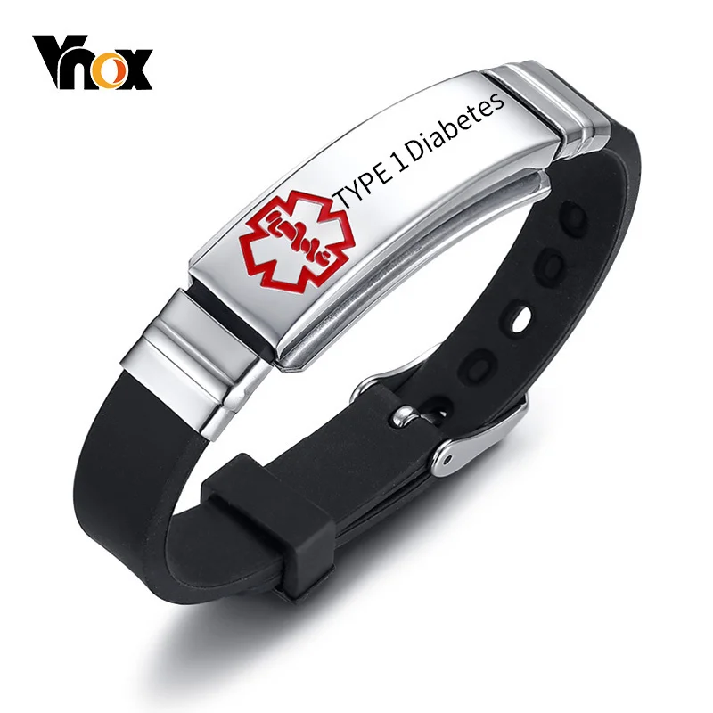 

Vnox Multi-color Medical Alert ID Bracelets Personalized Free Engraving Disease Name ICE Silicone Strap Bracelet 6.30"-8.26"