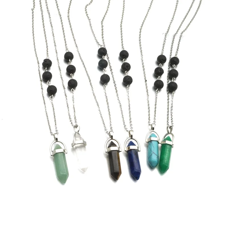 

Hexagon Prism Stone Pendant Three Black Lava Stone Beads DIY Aromatherapy Essential Oil Perfume Diffuser Necklace Jewelry