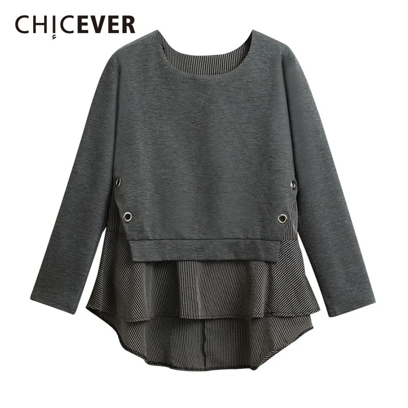 CHICEVER 2019 весна лоскутное полосатые футболки для женщин О образным вырезом с