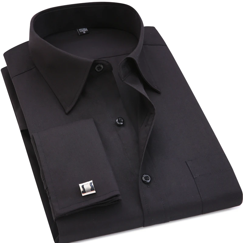 

2019 Classic Black French Cufflinks Men's Business Dress Long Sleeve Shirt Lapel Men Social Shirt 4XL 5XL 6XL