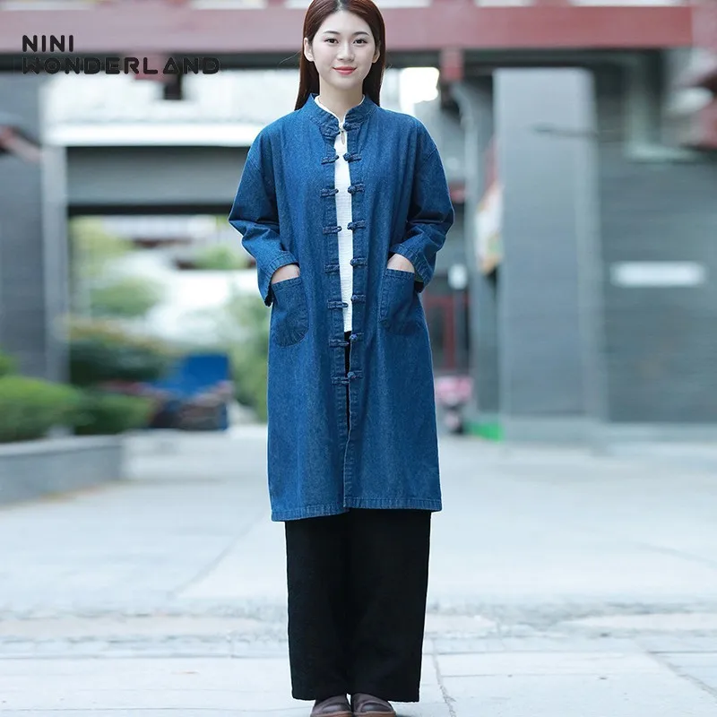 

NINI WONDERLAND 2018 Autumn Winter Cowboy Trench Coat Women Solid Denim Long Outerwear Female Chinese Style Cardigan Loose Coats